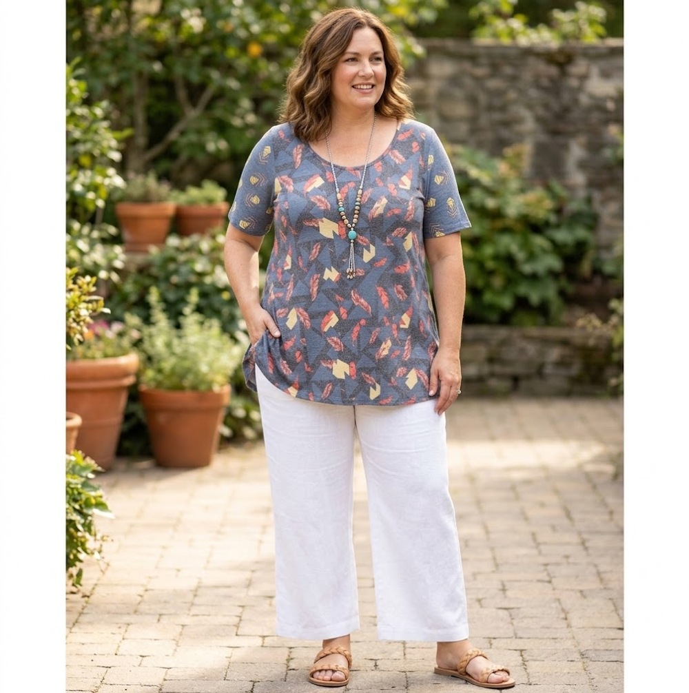 LuLaRoe Perfect T 2XL Blue Gray Feather Tribal Swing Tunic Top NWT
